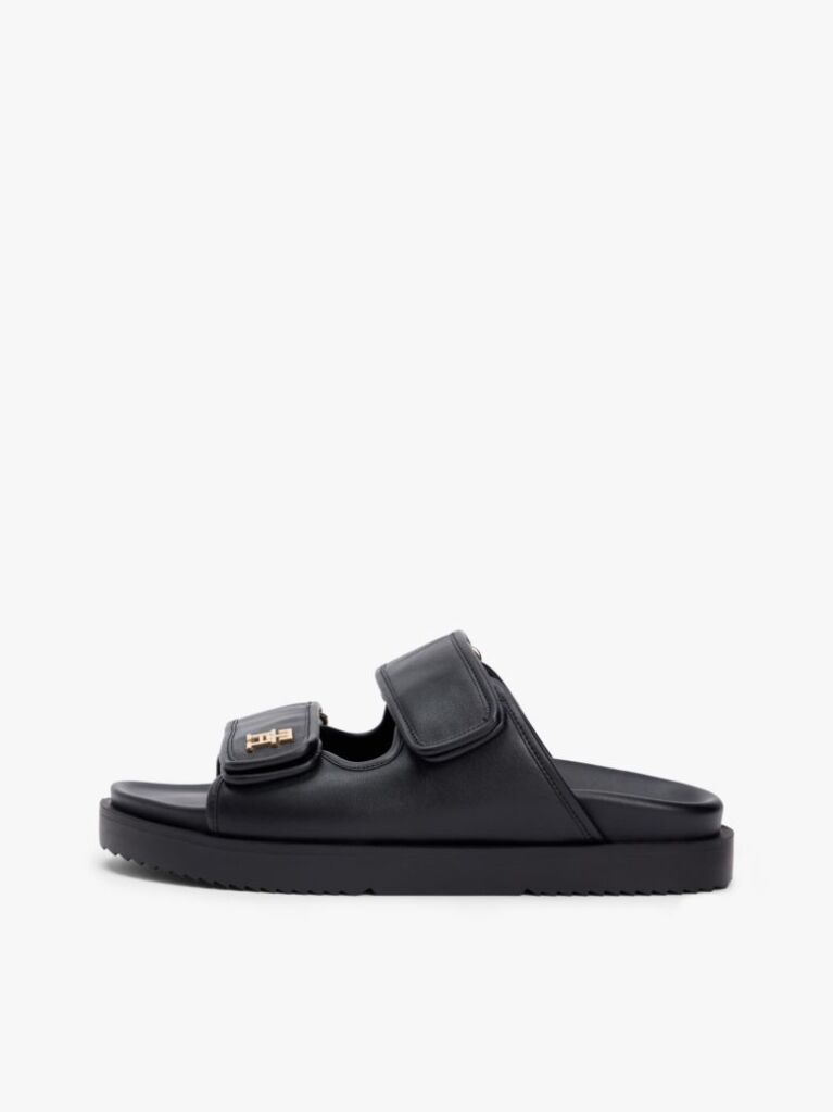Black Leather TH Monogram Double Strap Sandals  Women