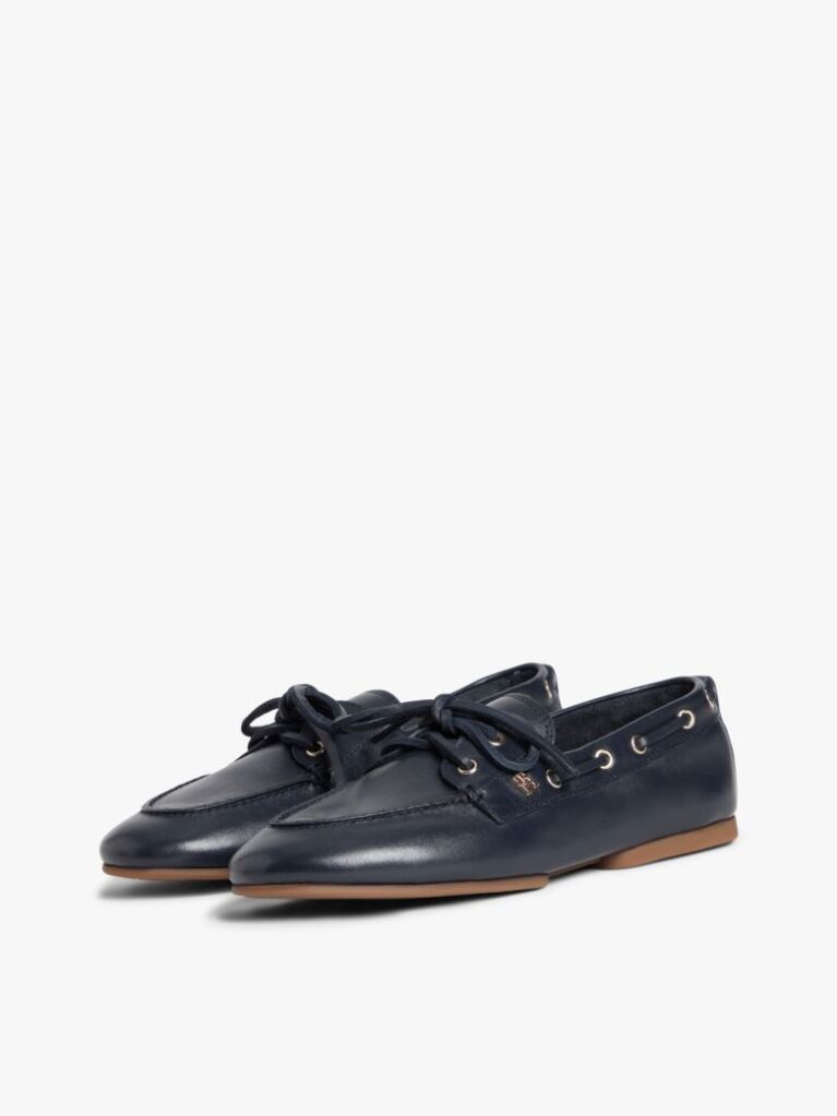 Blue Pantofi Boat Din Piele Cu Monograma TH  Femei