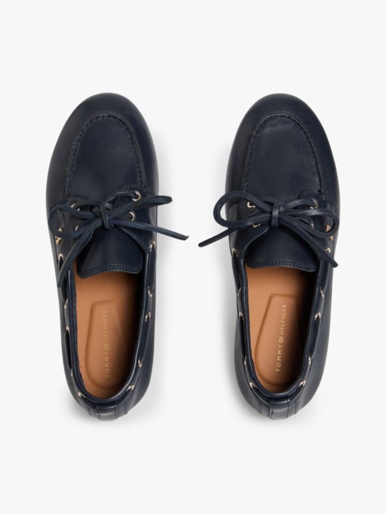 Blue Pantofi Boat Din Piele Cu Monograma TH  Femei