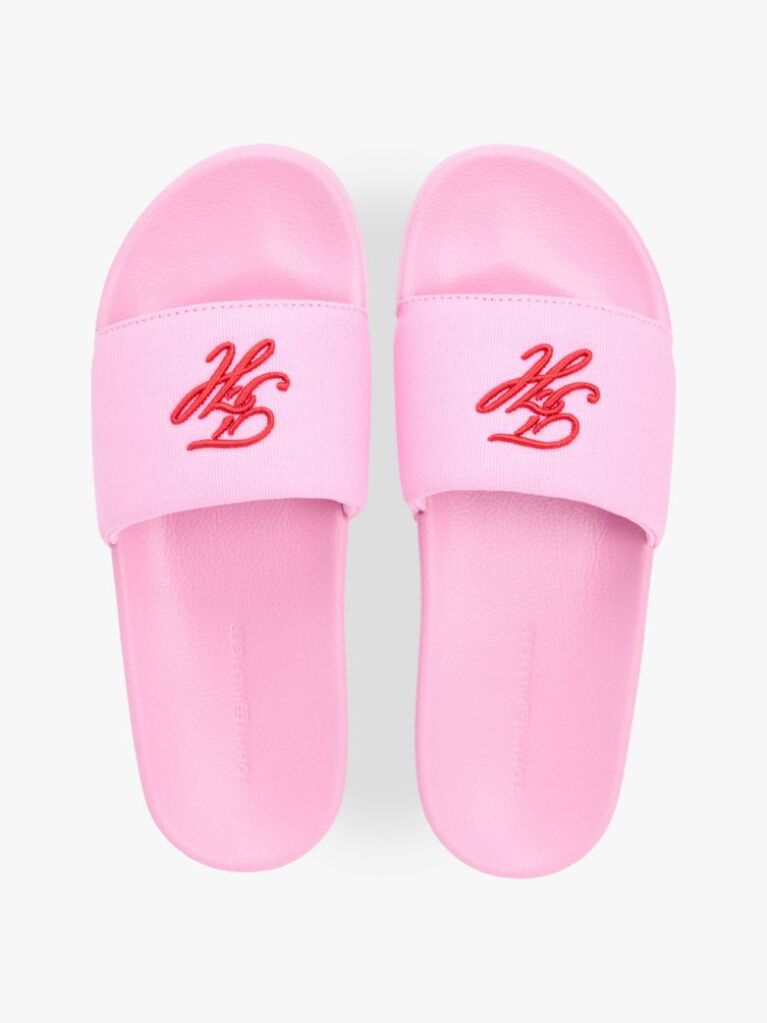Pink Logo Embroidery Canvas Pool Slides  Women