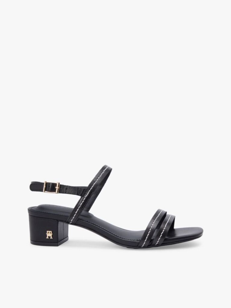 Black Leather Contrast Topstitch Block Heel Sandals  Women