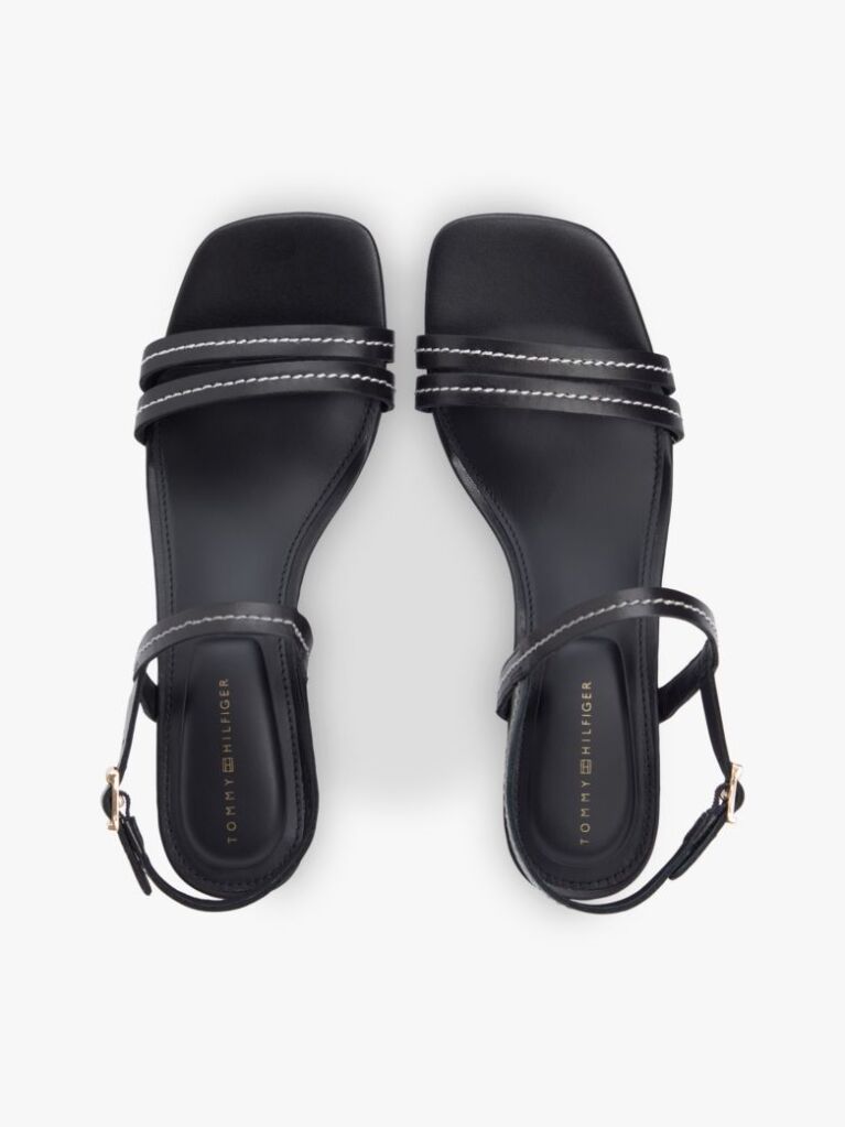 Black Leather Contrast Topstitch Block Heel Sandals  Women