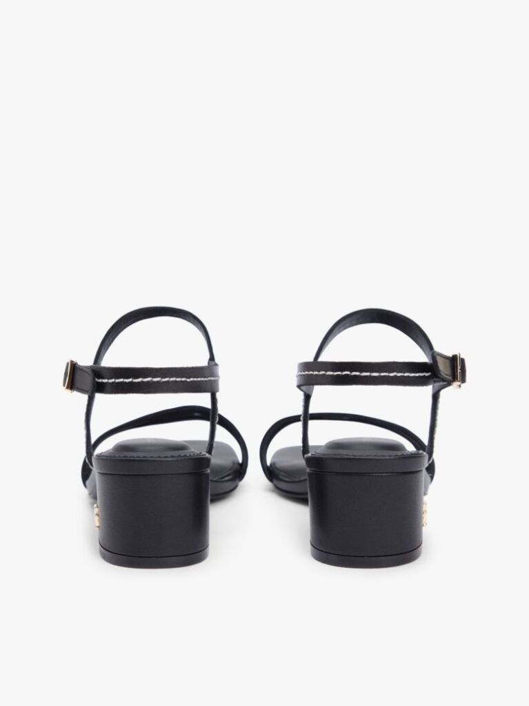 Black Leather Contrast Topstitch Block Heel Sandals  Women