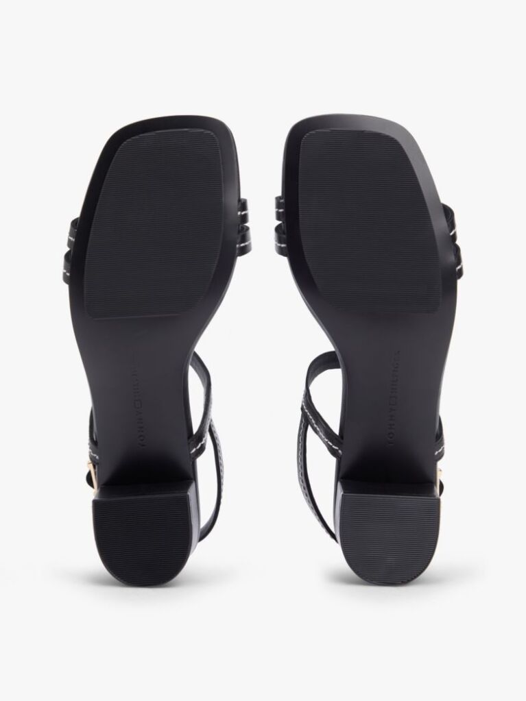 Black Leather Contrast Topstitch Block Heel Sandals  Women