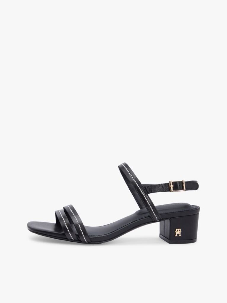 Black Leather Contrast Topstitch Block Heel Sandals  Women