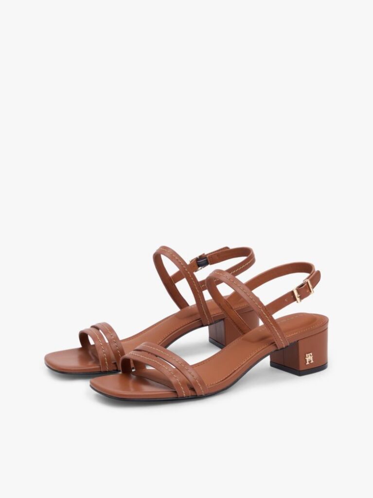Brown Leather Contrast Topstitch Block Heel Sandals  Women