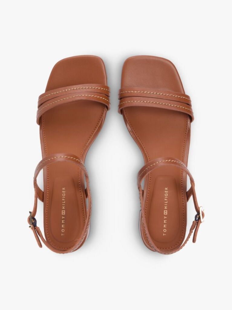 Brown Leather Contrast Topstitch Block Heel Sandals  Women