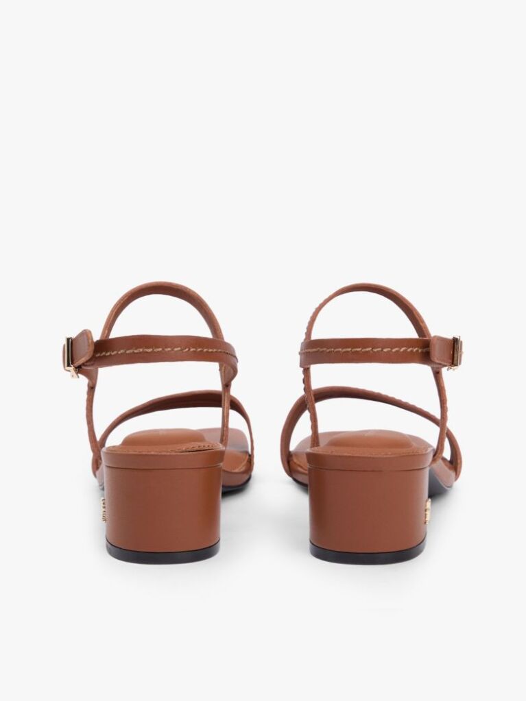 Brown Leather Contrast Topstitch Block Heel Sandals  Women