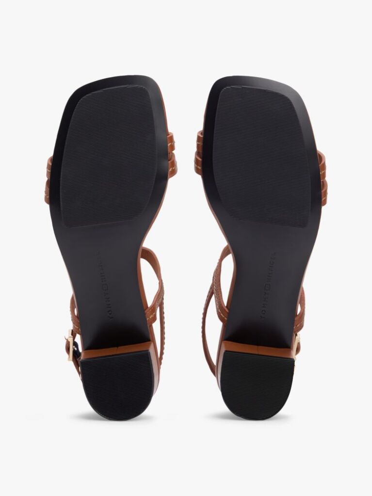 Brown Leather Contrast Topstitch Block Heel Sandals  Women