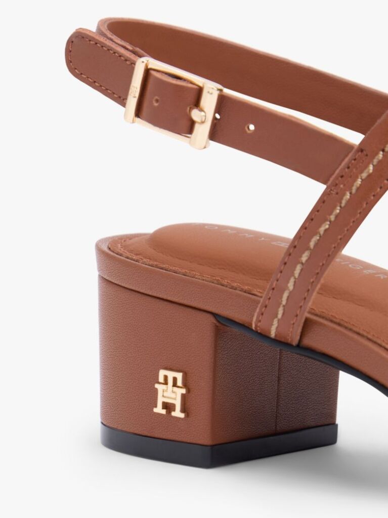 Brown Leather Contrast Topstitch Block Heel Sandals  Women