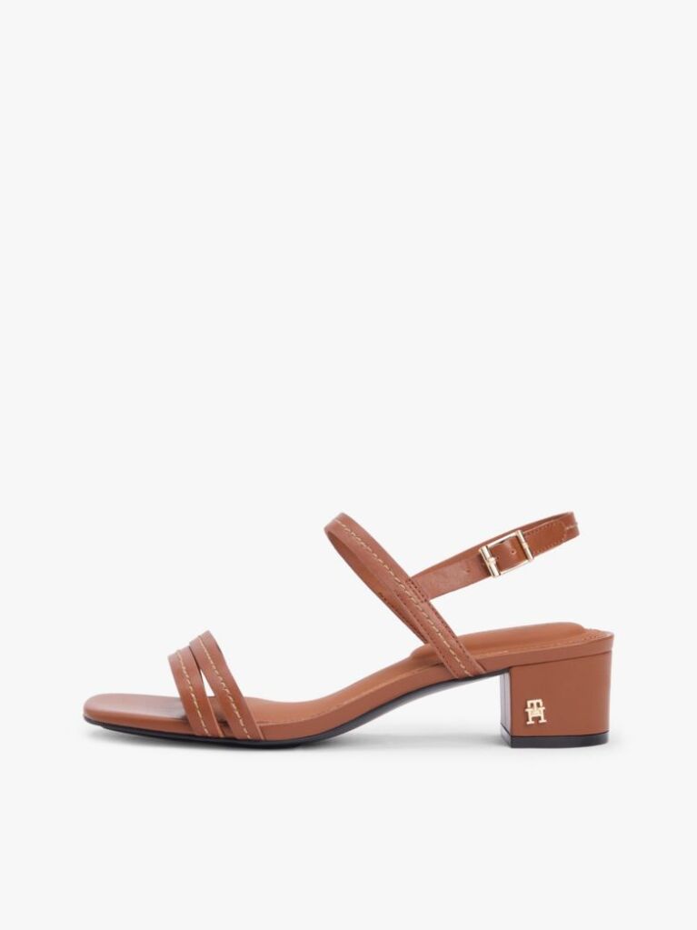 Brown Leather Contrast Topstitch Block Heel Sandals  Women