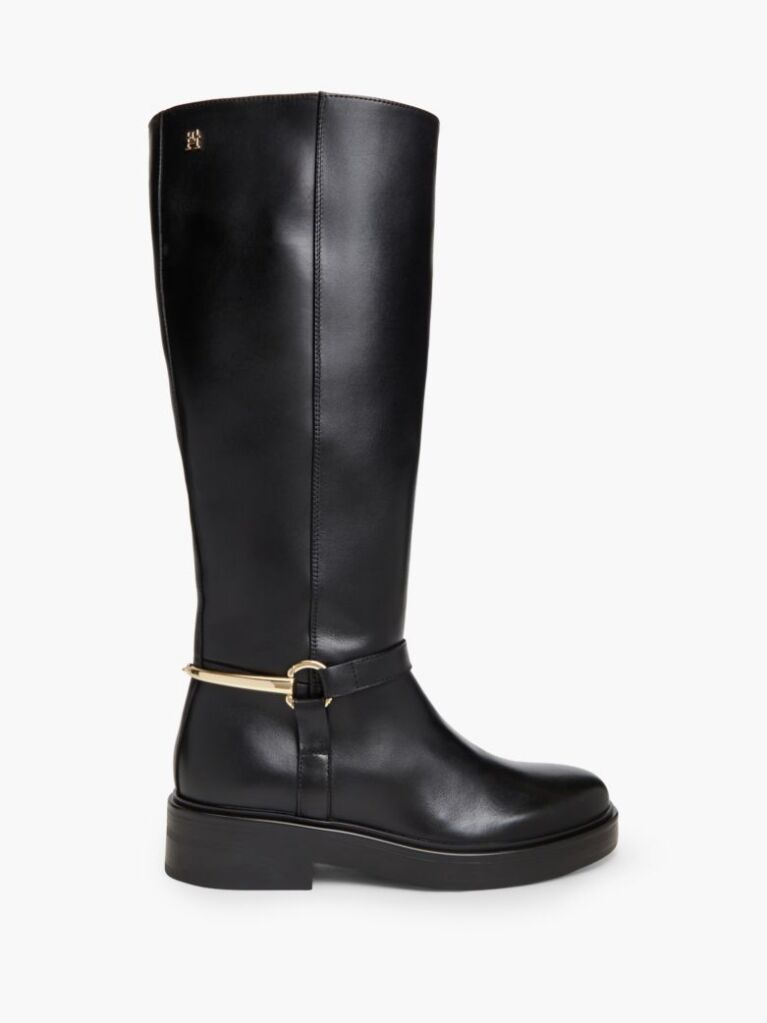 Black Gold-Tone Hardware Leather Riding Boots  Women