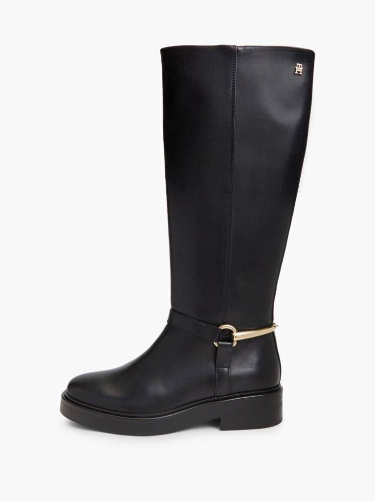 Black Gold-Tone Hardware Leather Riding Boots  Women