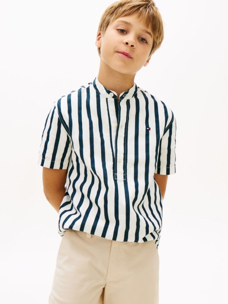 Multi Stripe Linen Blend Short Sleeve Shirt  Boys
