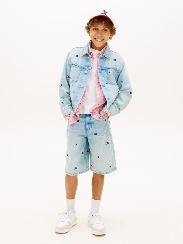 Blue Pantaloni Scurti Din Denim Largi Cu Broderie In Forma De Steag   Baieti