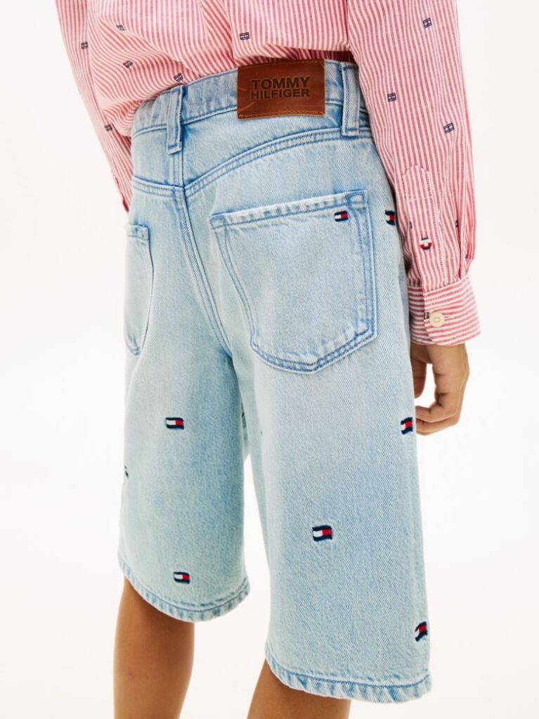 Blue Pantaloni Scurti Din Denim Largi Cu Broderie In Forma De Steag   Baieti