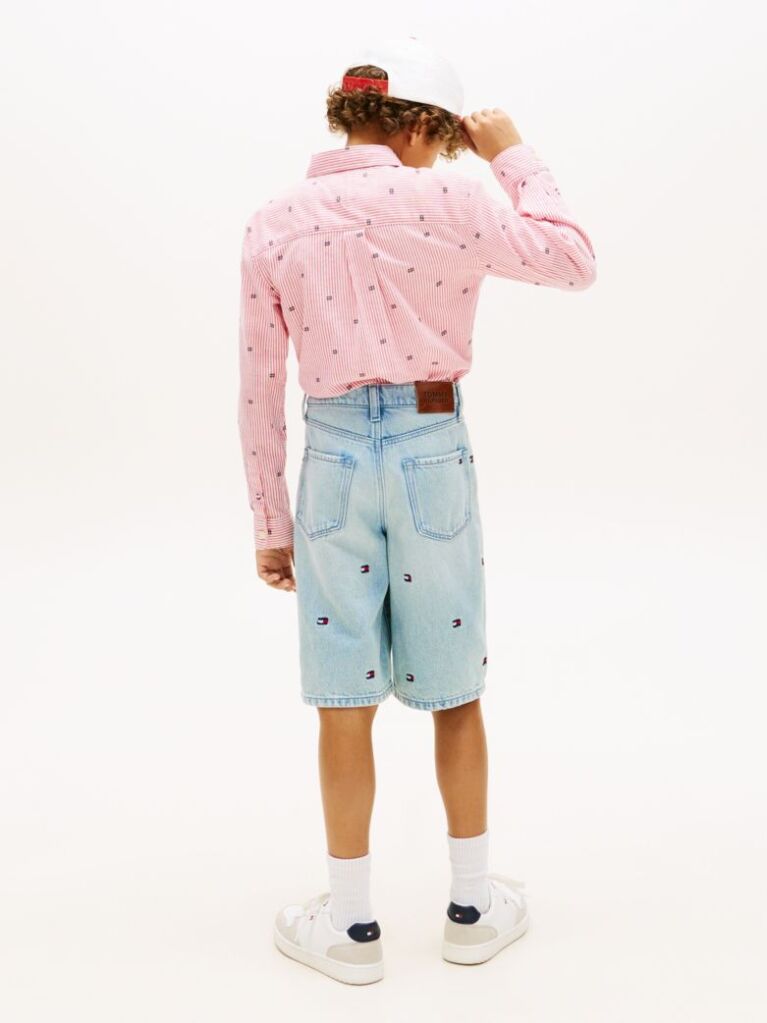 Blue Pantaloni Scurti Din Denim Largi Cu Broderie In Forma De Steag   Baieti