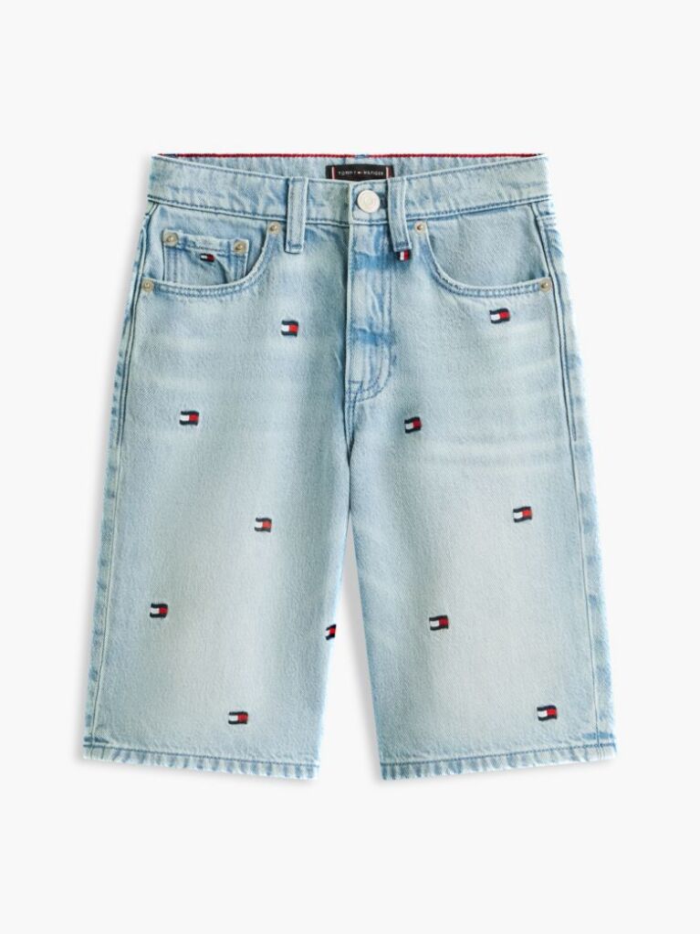 Blue Pantaloni Scurti Din Denim Largi Cu Broderie In Forma De Steag   Baieti