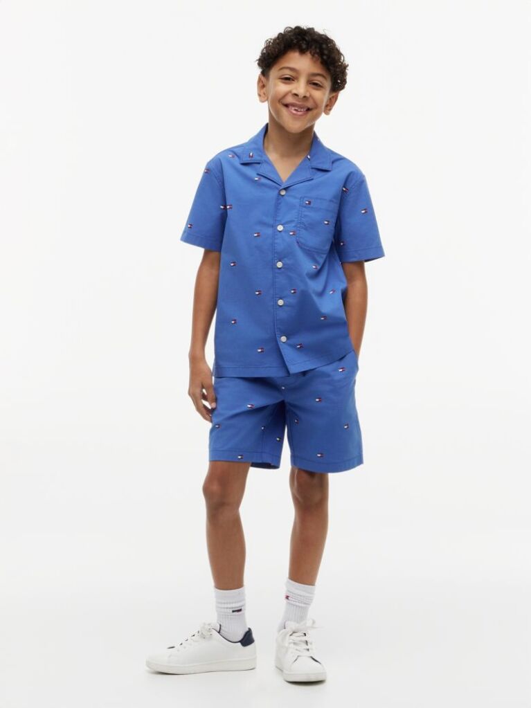 Blue Pantaloni Scurti Relaxati Din Poplin Cu Broderie Steag  Baieti