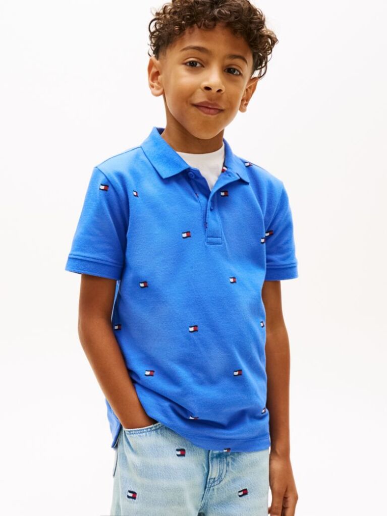 Blue Tricou Polo Cu Croiala Regular Si Steag Brodat  Baieti
