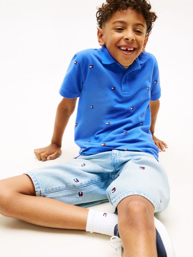 Blue Tricou Polo Cu Croiala Regular Si Steag Brodat  Baieti