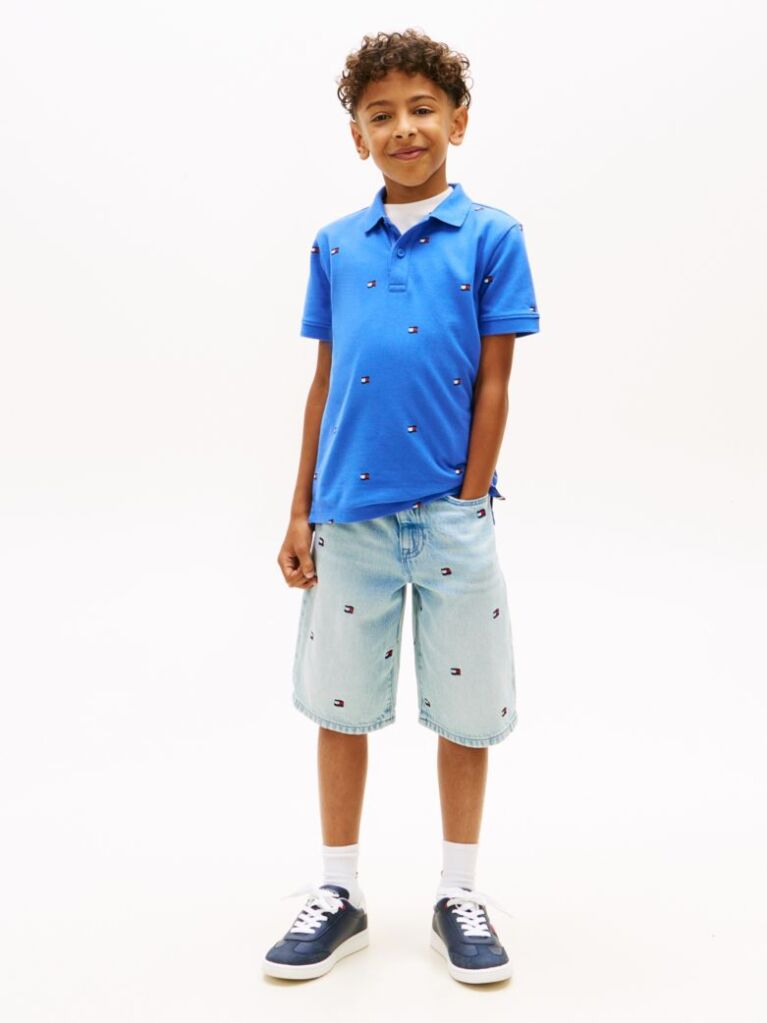 Blue Tricou Polo Cu Croiala Regular Si Steag Brodat  Baieti