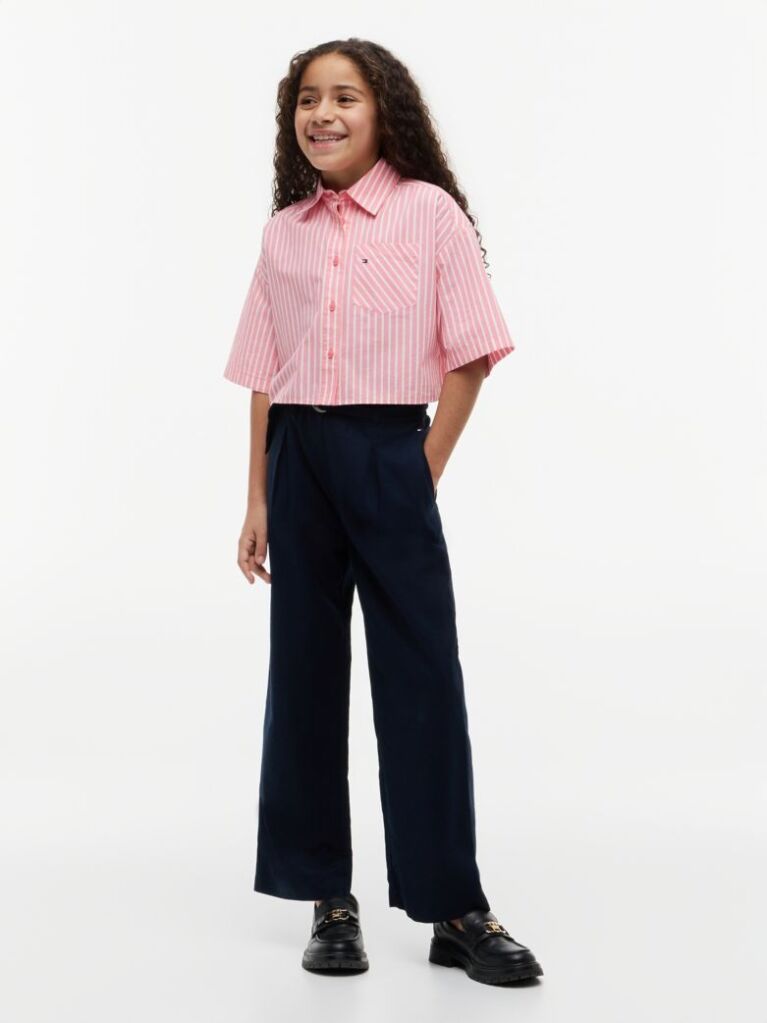 Blue Pantaloni Cu Picior Larg Cu Curea Din Amestec De In  Fete