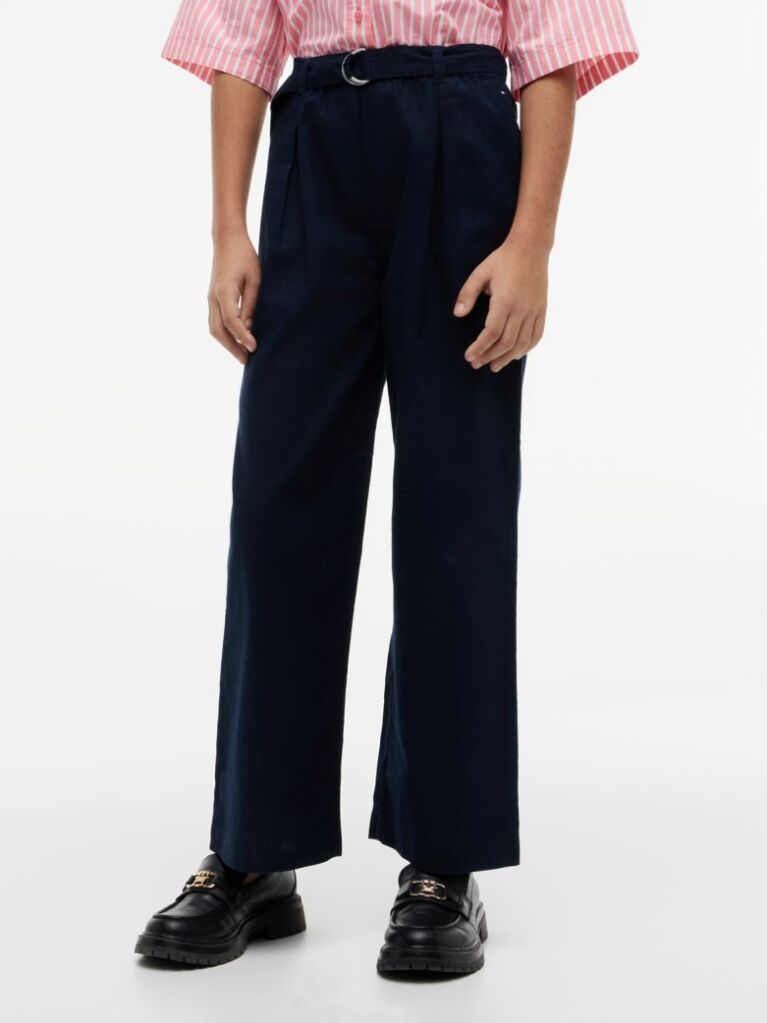 Blue Pantaloni Cu Picior Larg Cu Curea Din Amestec De In  Fete