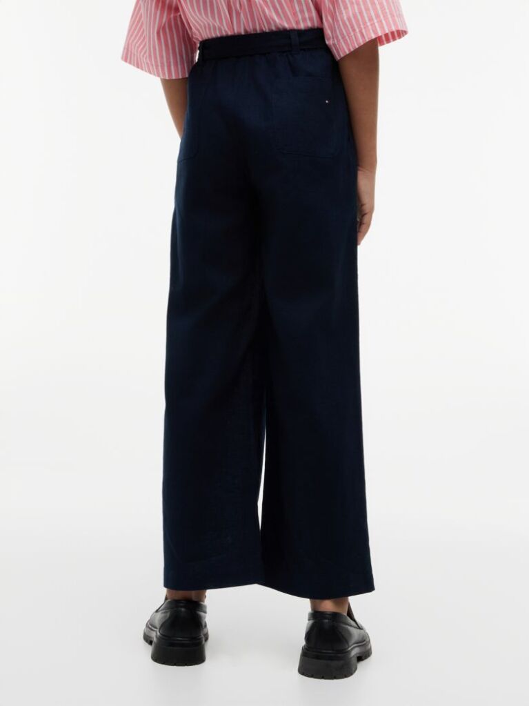 Blue Pantaloni Cu Picior Larg Cu Curea Din Amestec De In  Fete