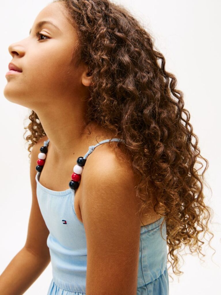 Denim Beaded Strap Twill Tiered Dress  Girls