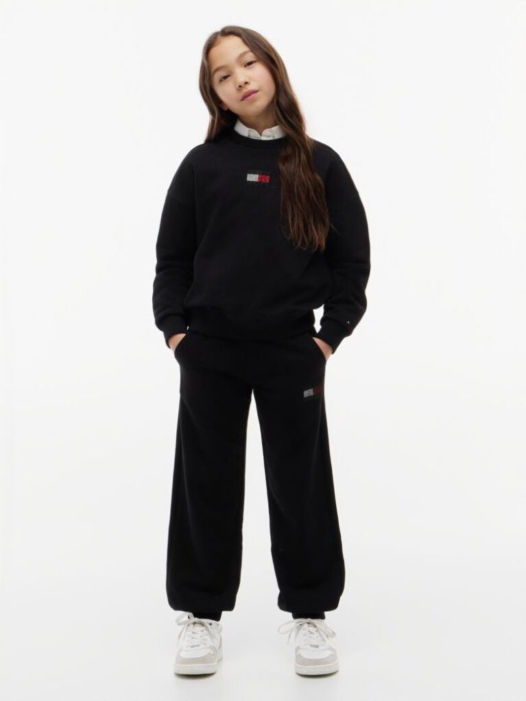 Negru Pantaloni Joggers Terry Cu Croiala Lejera Si Strasuri  Fete