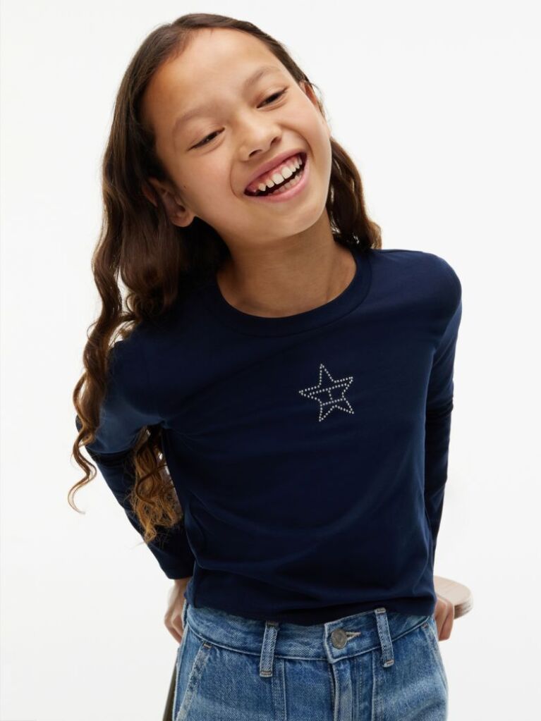 Blue T-Shirt Extra Slim Cu Maneca Lunga Si Steag  Fete