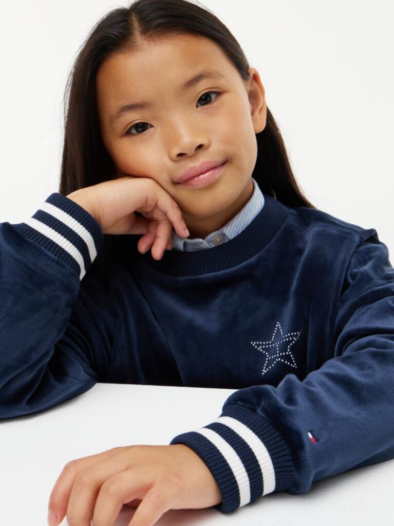 Blue Star Flag Velour Crew Neck Sweatshirt  Girls