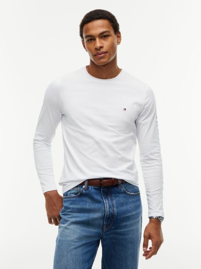Alb Tricou Cu Maneca Lunga Slim Fit  Barbati