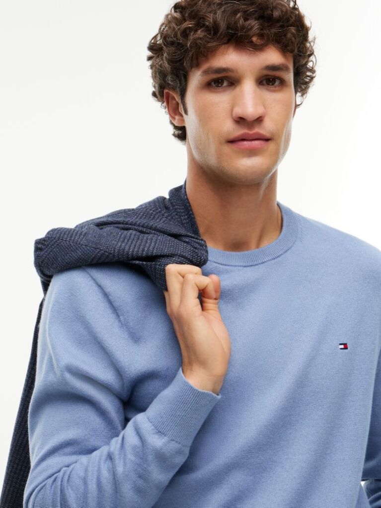 Blue Jumper Din Bumbac Si Casmir Crew Neck  Barbati