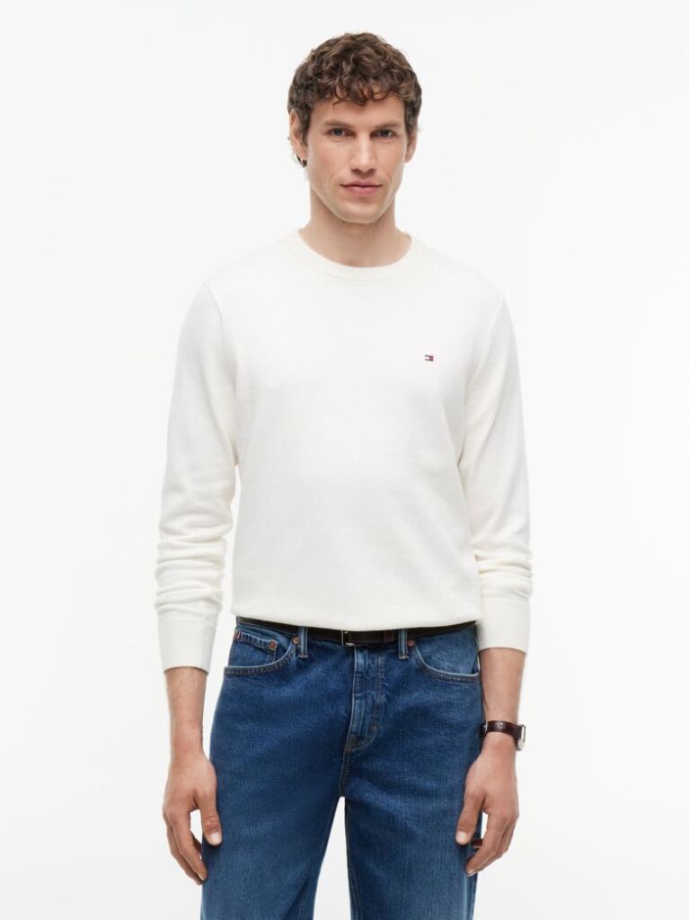 Beige Cotton Cashmere Crew Neck Jumper  Men