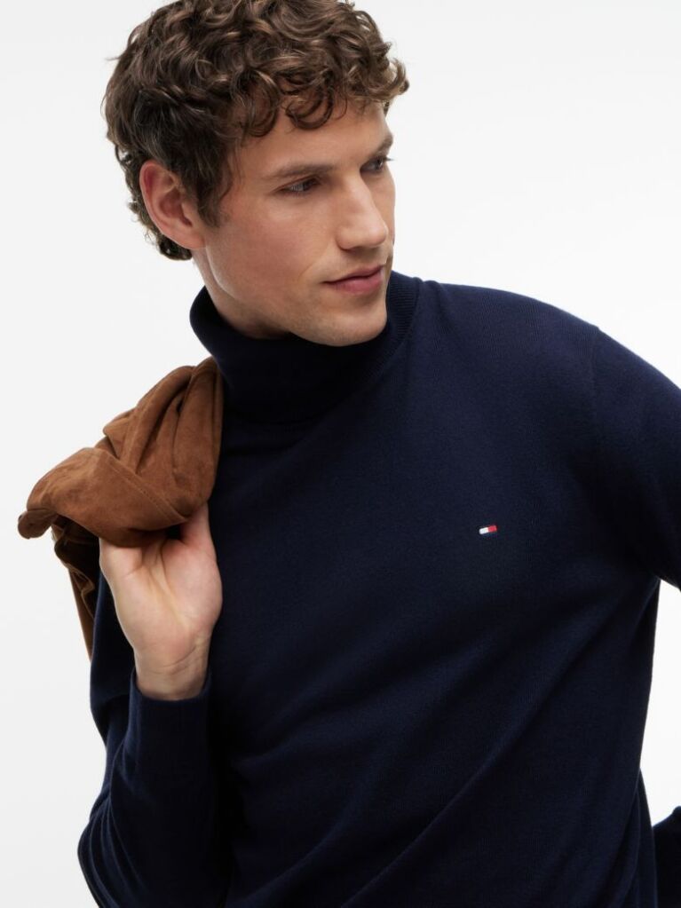 Blue Jumper Din Bumbac Si Casmir Roll Neck  Barbati