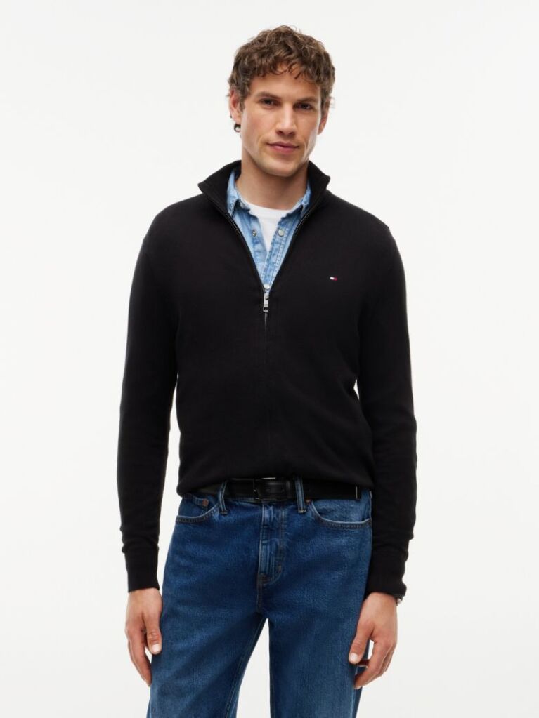Negru Cardigan Din Bumbac Si Casmir Zip-Thru  Barbati
