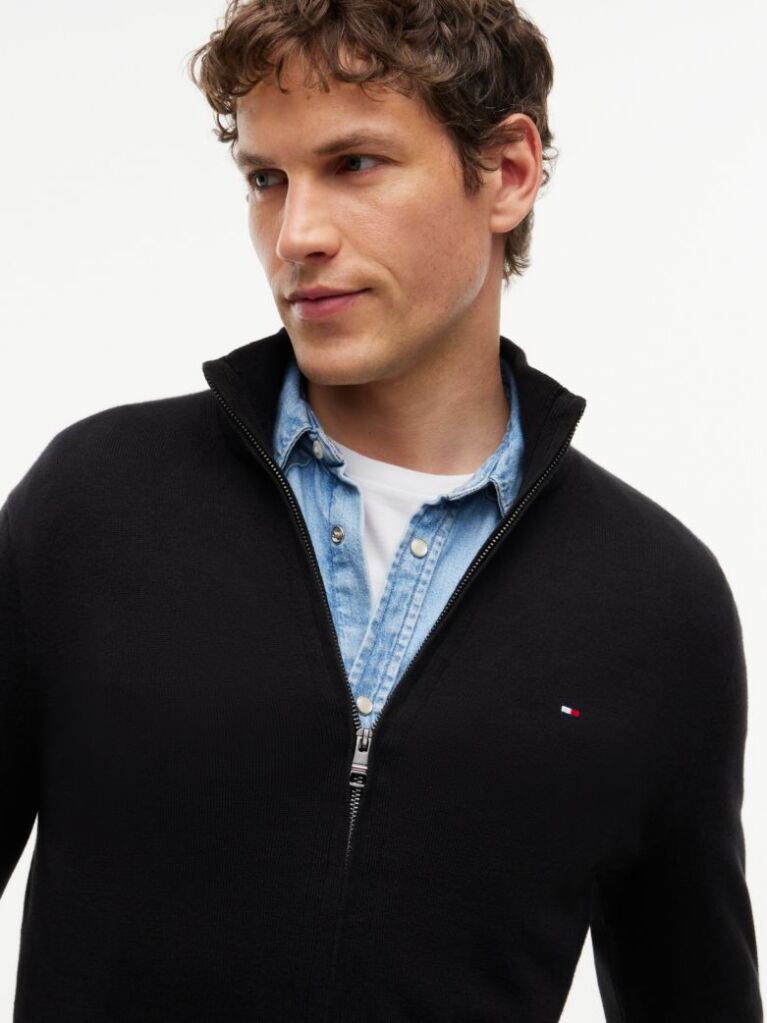 Negru Cardigan Din Bumbac Si Casmir Zip-Thru  Barbati