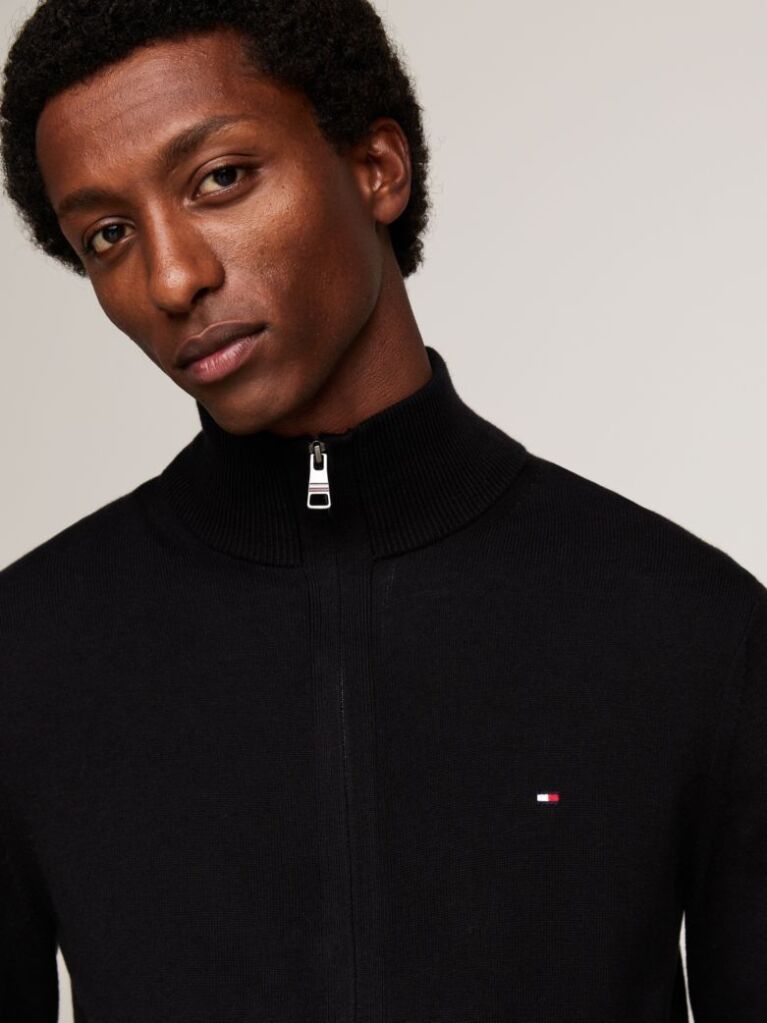 Negru Cardigan Din Bumbac Si Casmir Zip-Thru  Barbati