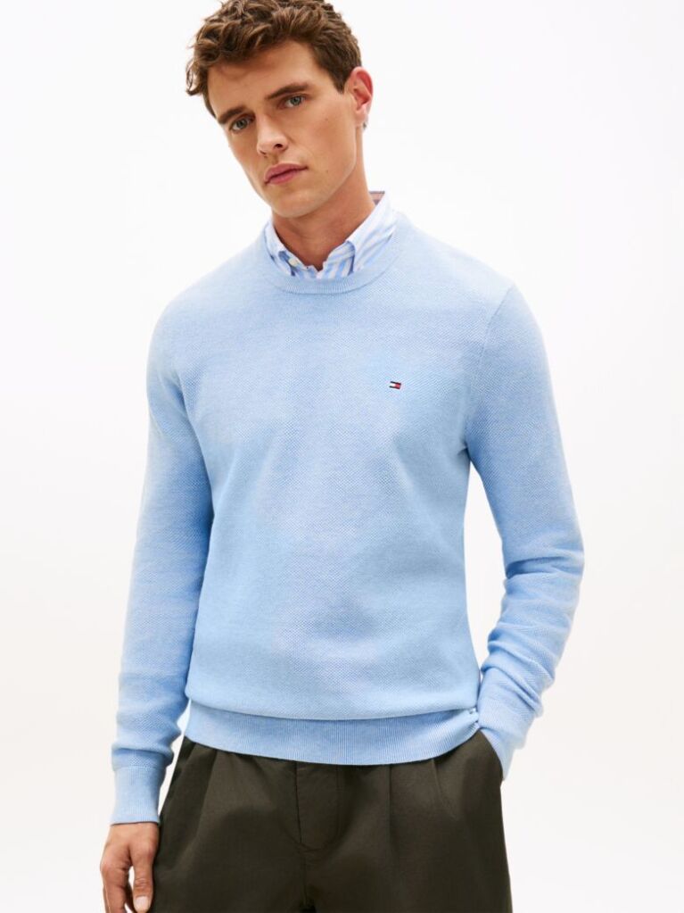 Blue Crew Neck Textured Knit Jumper  Men