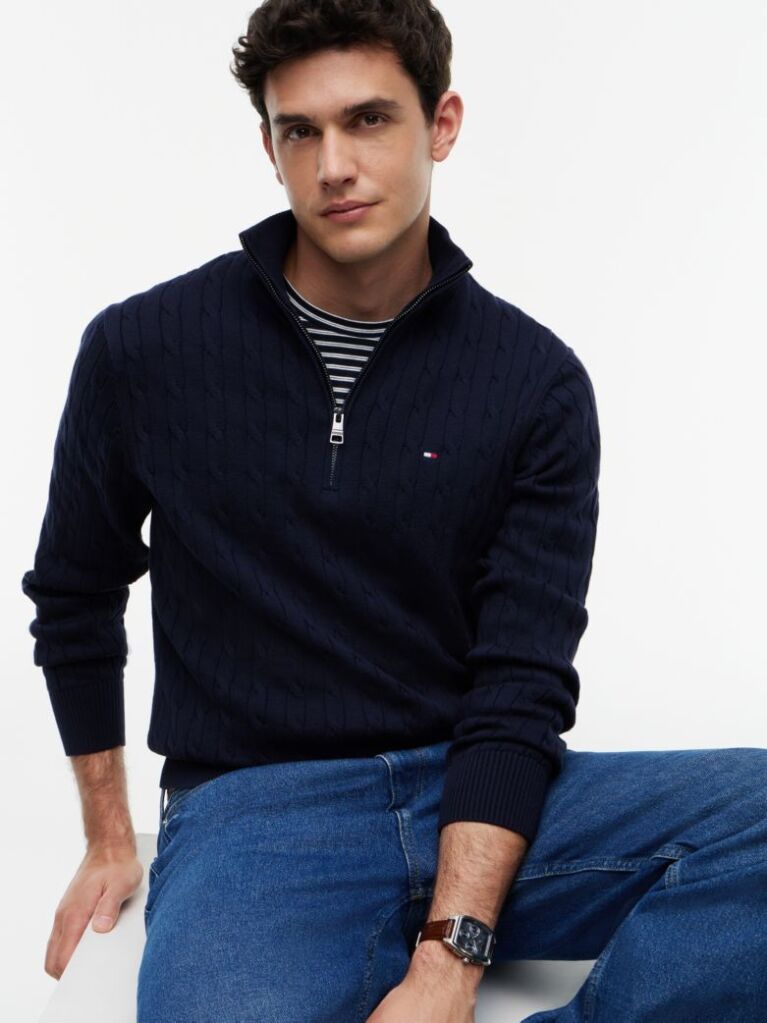 Blue Jumper Cu Fermoar Din Tricot  Barbati
