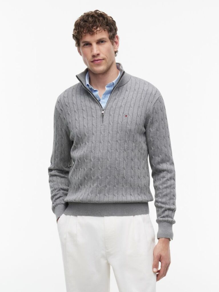 Grey Cable Knit Half-Zip Jumper  Men