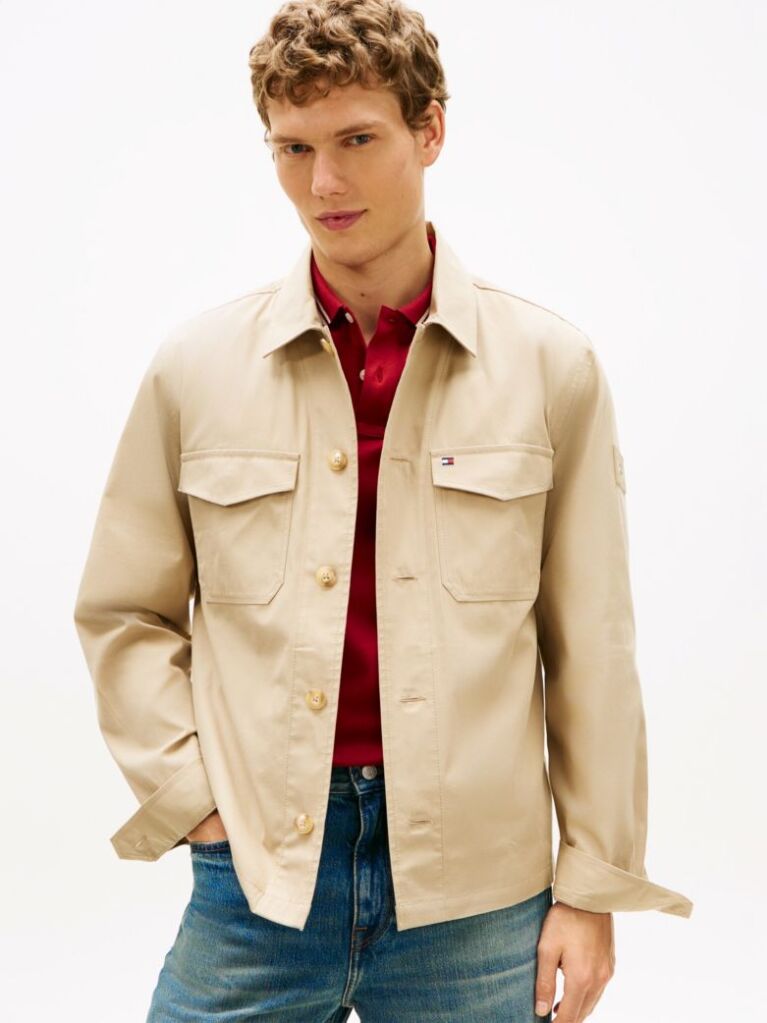 Beige Flag Embroidery Twill Shirt Jacket  Men