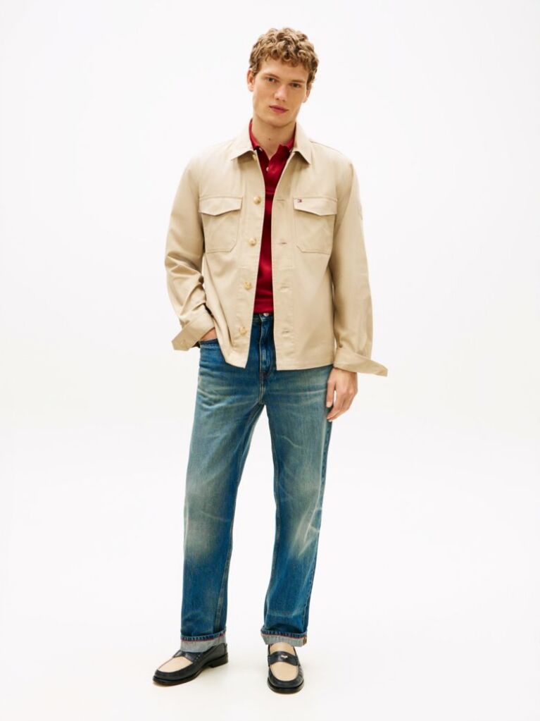 Beige Flag Embroidery Twill Shirt Jacket  Men