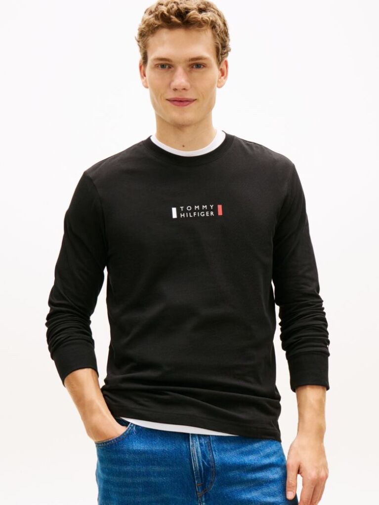 Negru T-Shirt Din Jerseu Cu Maneci Lungi Si Logo  Barbati