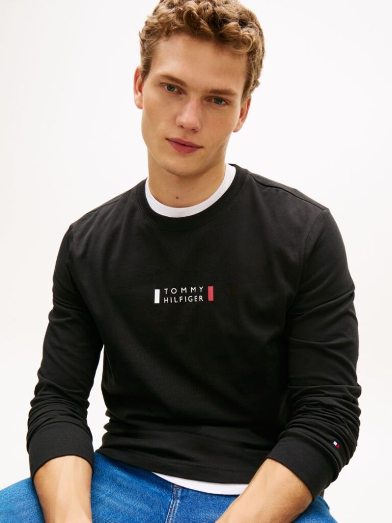 Negru T-Shirt Din Jerseu Cu Maneci Lungi Si Logo  Barbati