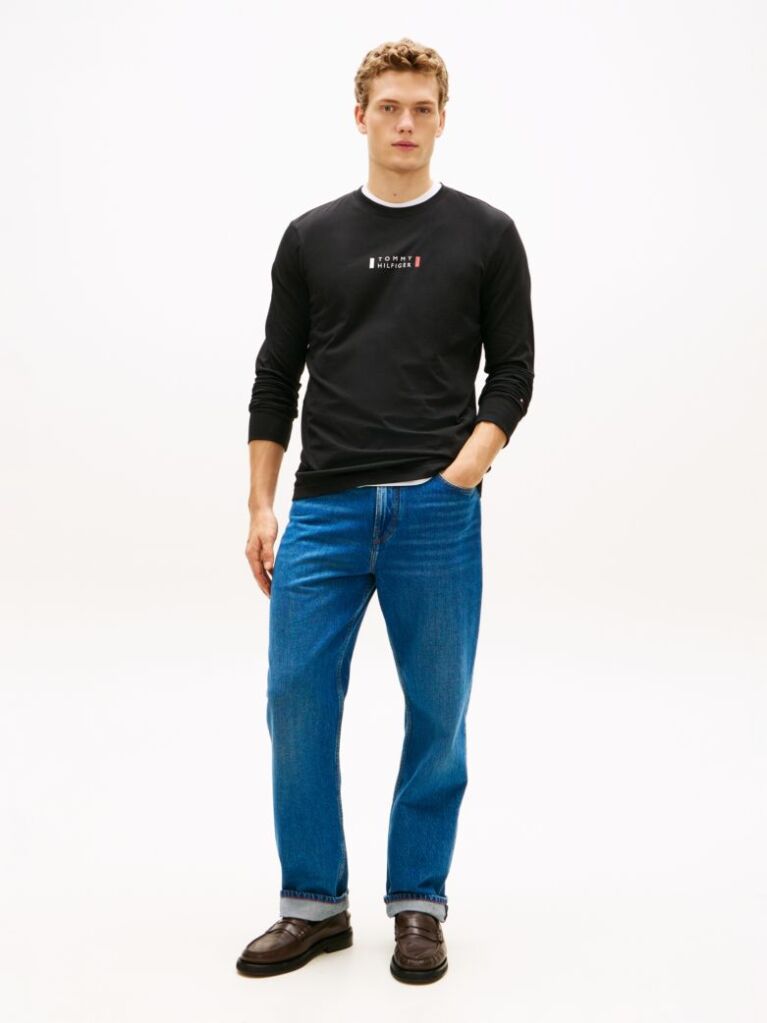 Negru T-Shirt Din Jerseu Cu Maneci Lungi Si Logo  Barbati