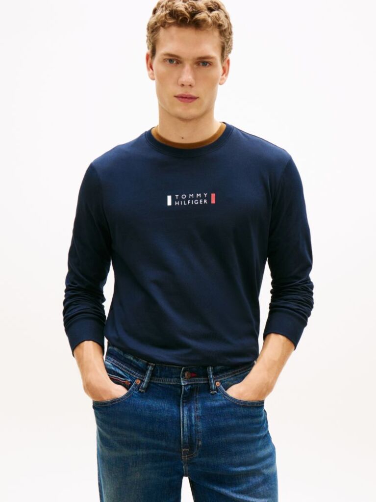 Blue T-Shirt Din Jerseu Cu Maneci Lungi Si Logo  Barbati