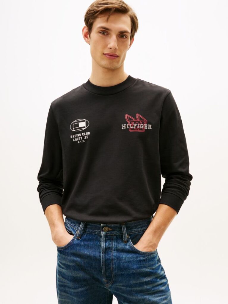 Negru T-Shirt Din Jerseu Cu Maneci Lungi Si Imprimeu  Barbati
